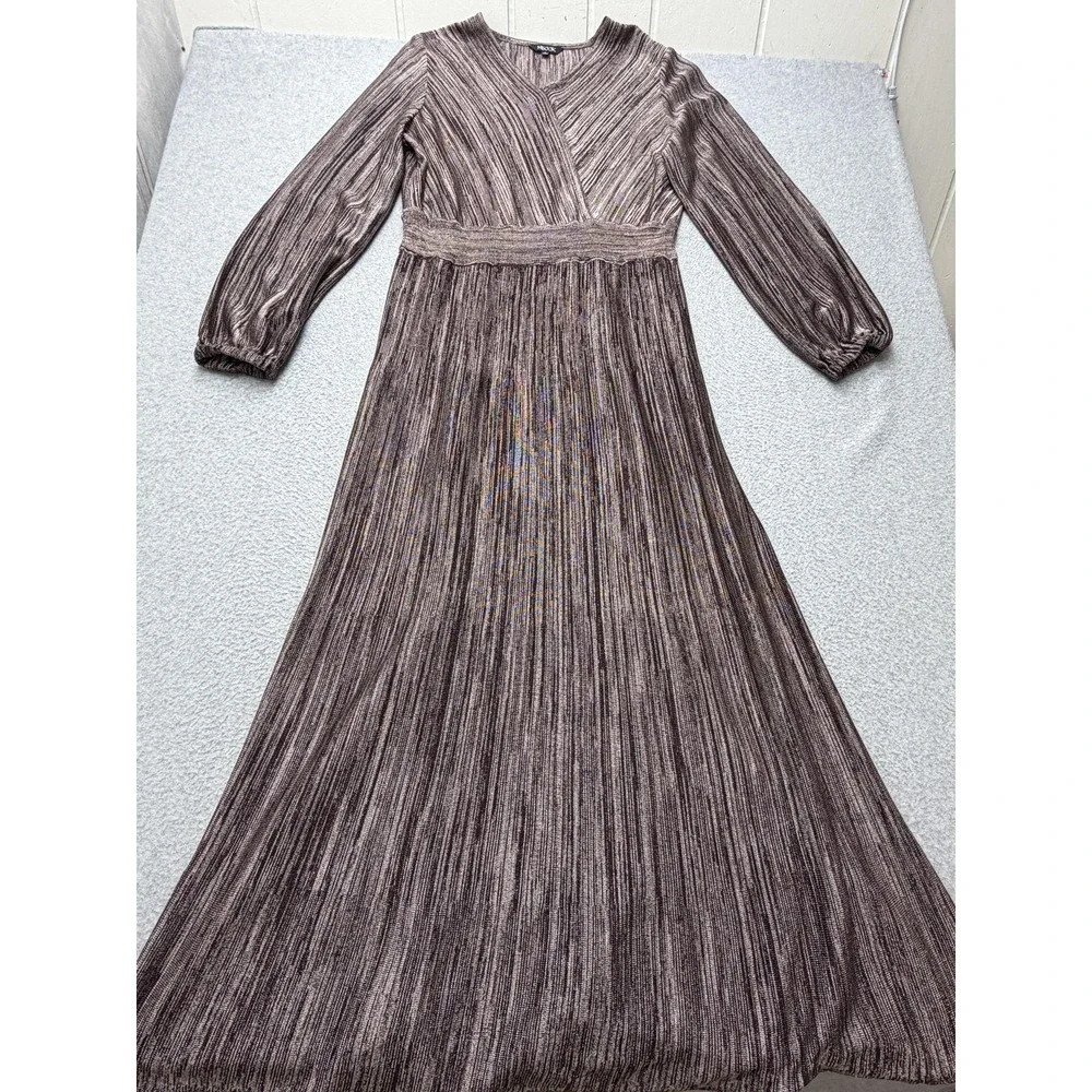 Misook Dress Womens Large Brown Striped Knit Pleated V Neck Long Sleeve Maxi - Picture 5 of 12
